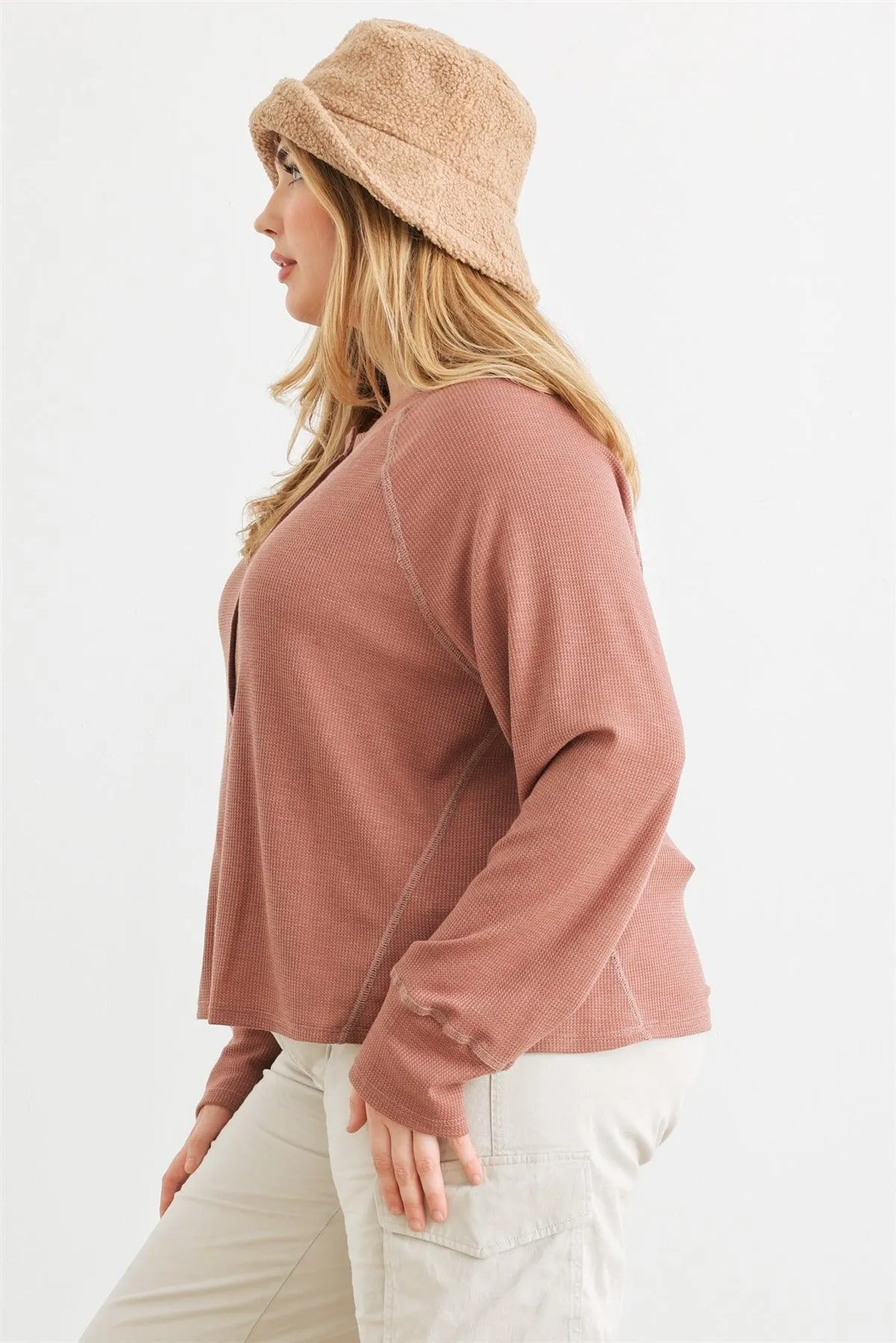 Junior Plus Terracotta Waffle Knit Button Neck Long Sleeve Top /3-2-1