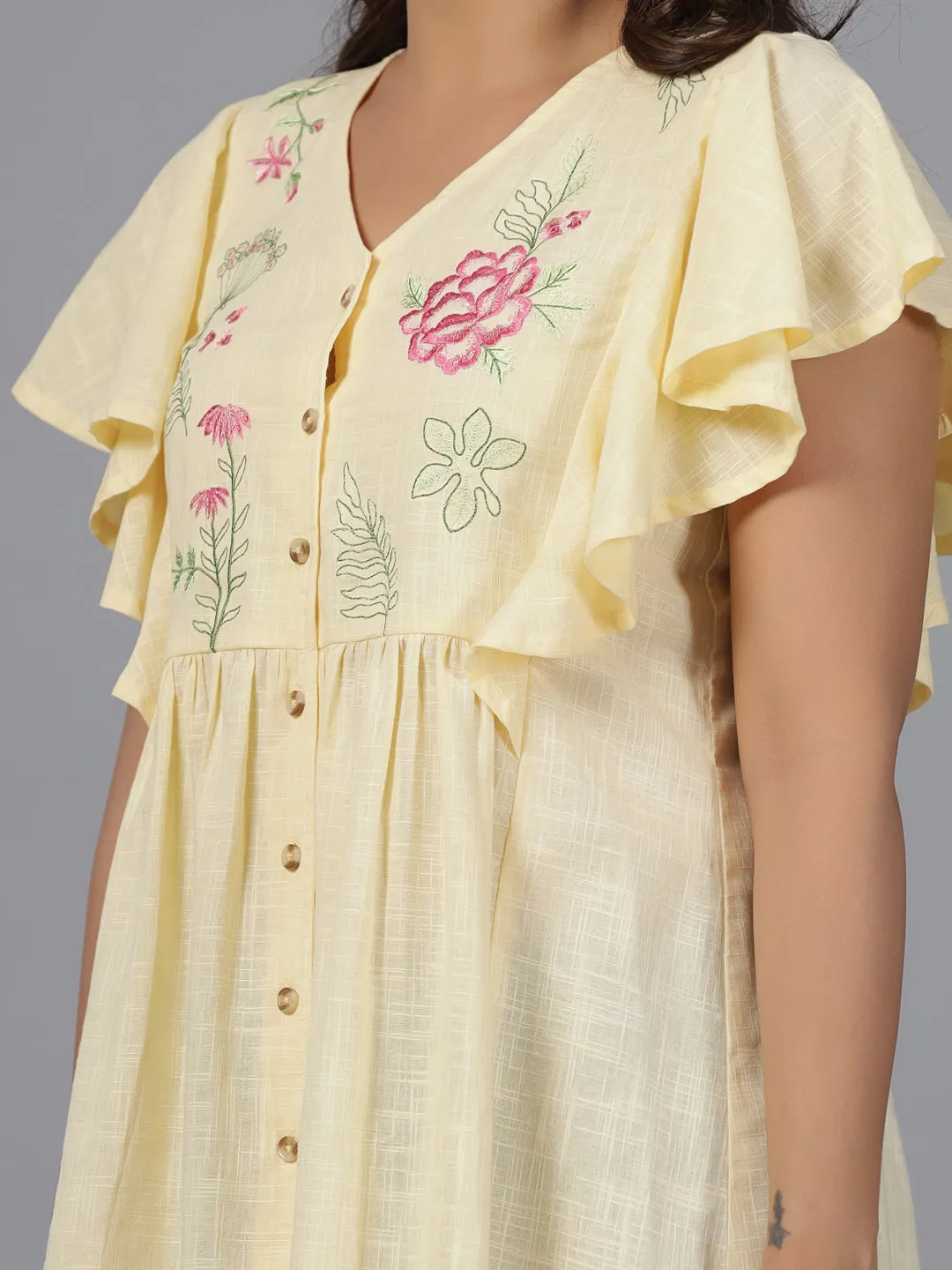 Juniper Yellow Cotton Slub Solid with Embroidered Tunic