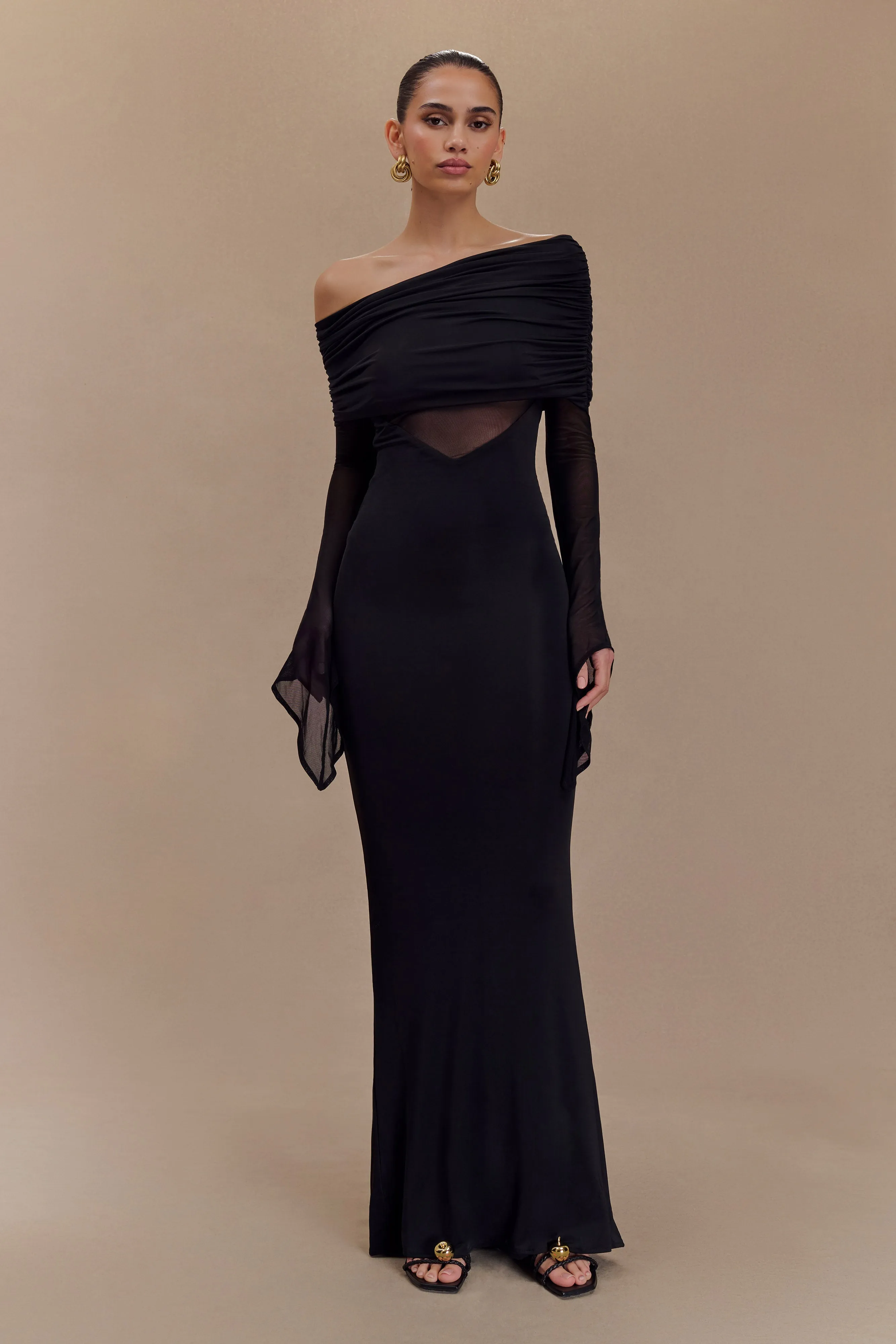 Kaitlin One Shoulder Slinky And Mesh Maxi Dress - Black