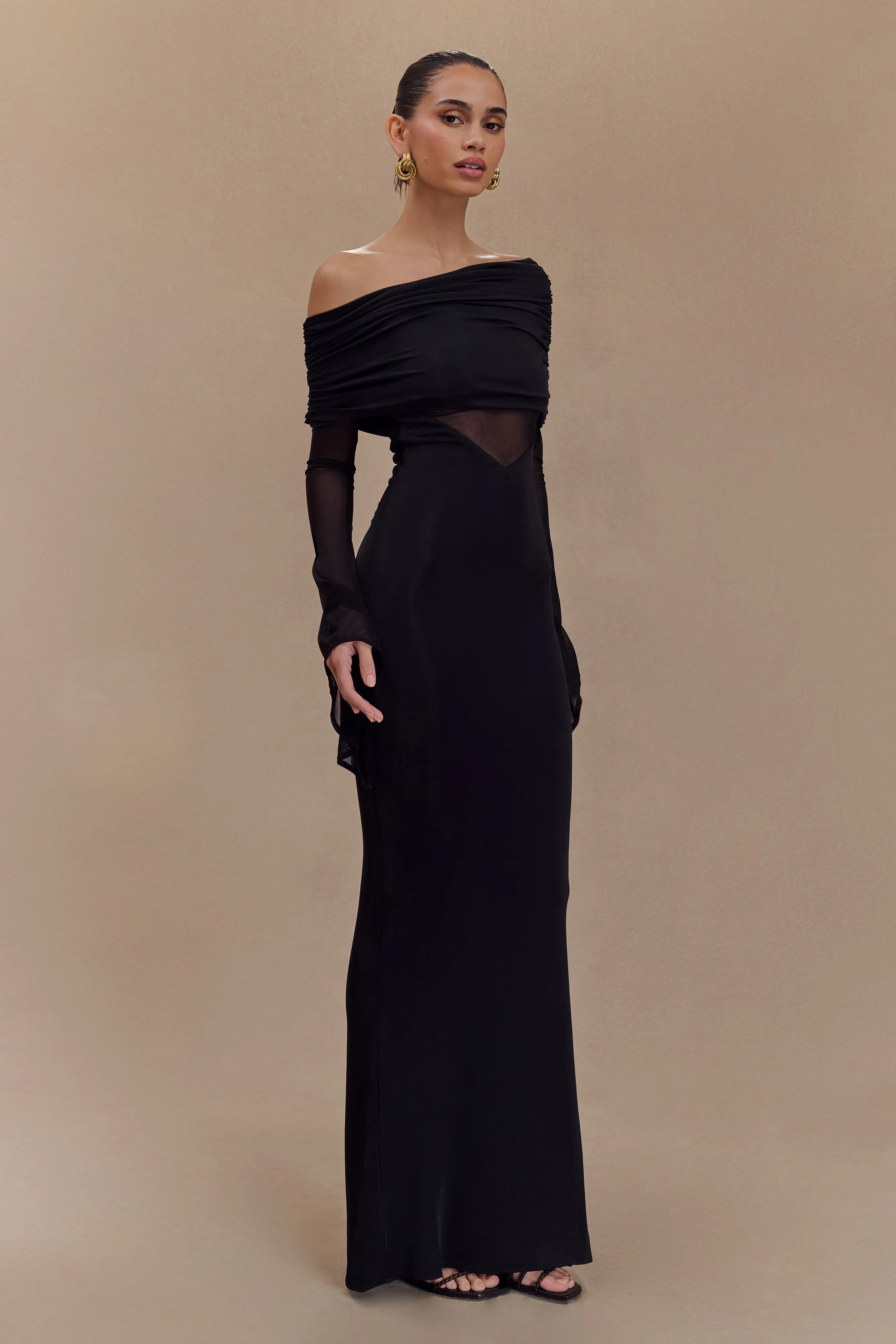 Kaitlin One Shoulder Slinky And Mesh Maxi Dress - Black