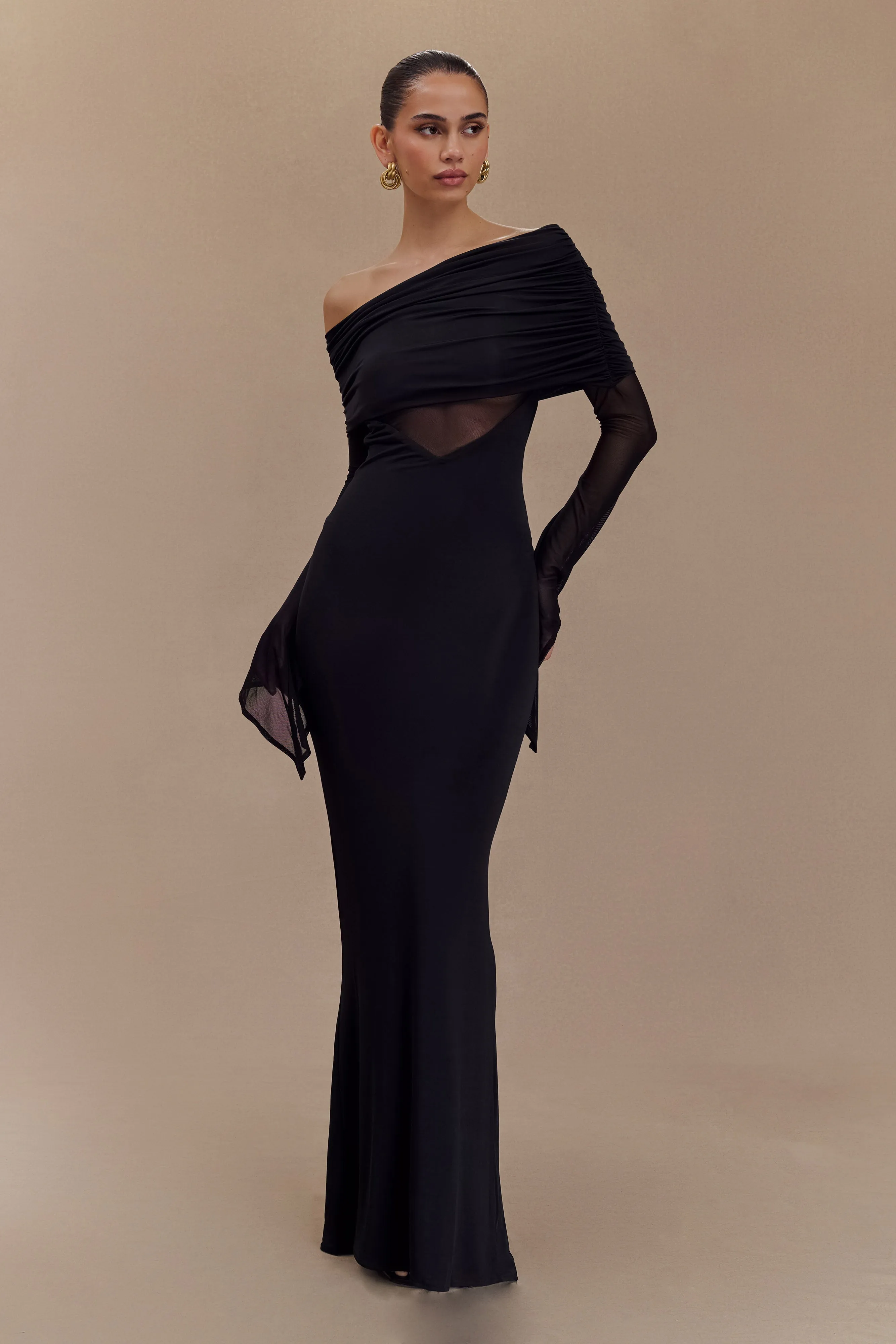 Kaitlin One Shoulder Slinky And Mesh Maxi Dress - Black