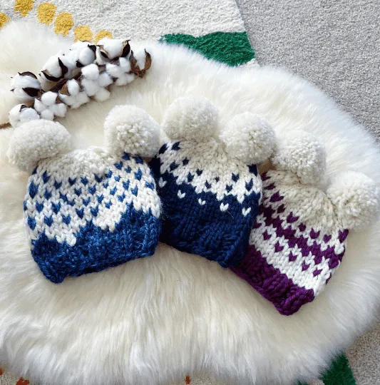 KNITTING PATTERN -  Handknit FairIsle pompom hat | Chunky Baby Bear Pom Pom Hat | Knit winter hat | 6 - 12 months baby