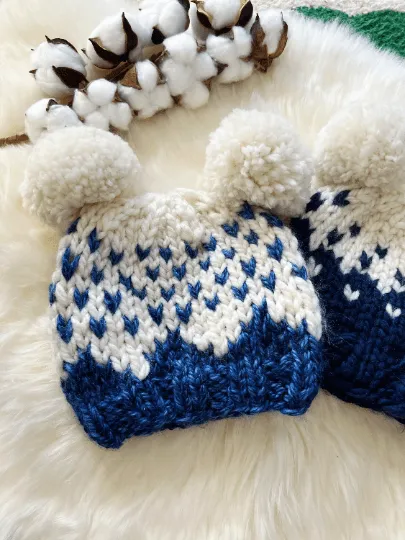 KNITTING PATTERN -  Handknit FairIsle pompom hat | Chunky Baby Bear Pom Pom Hat | Knit winter hat | 6 - 12 months baby