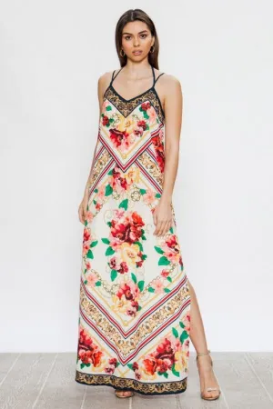 Ladies V-Neck Ivory Print Maxi Dress