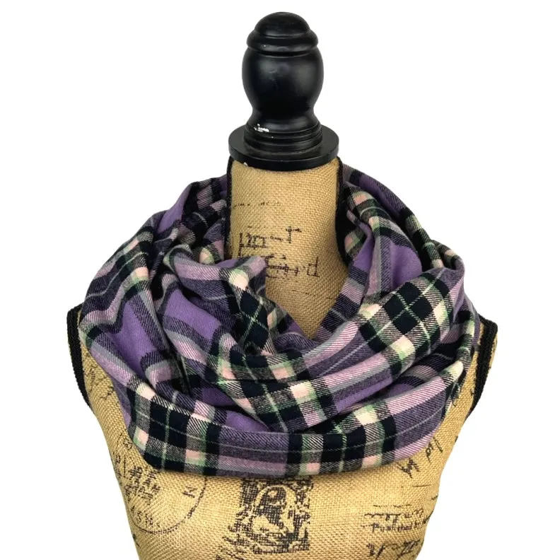 Lavender, Mint Green, Black and White Plaid Flannel Infinity or Blanket Scarf