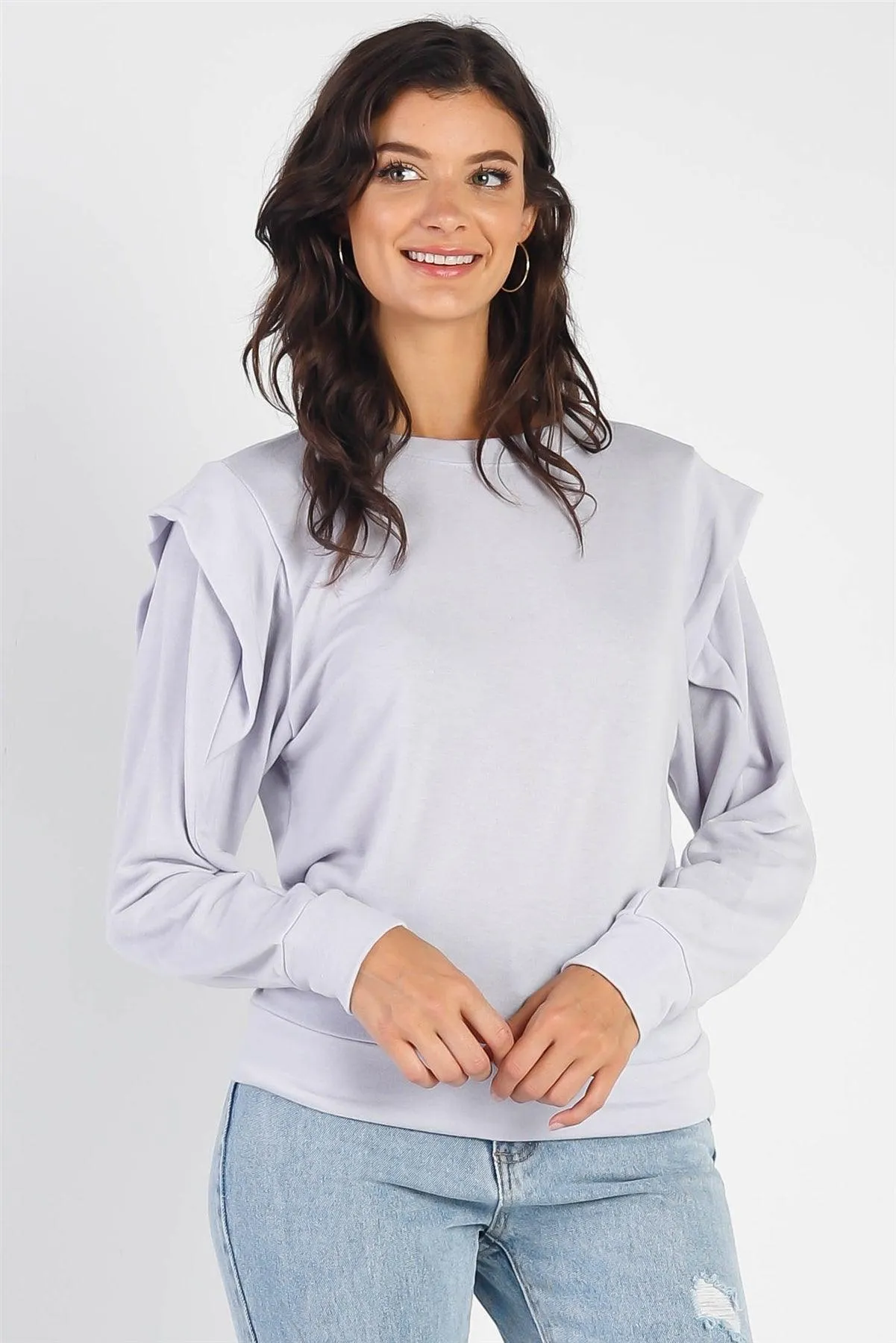 Lavender Round Neck Long Ruffle Sleeve Top