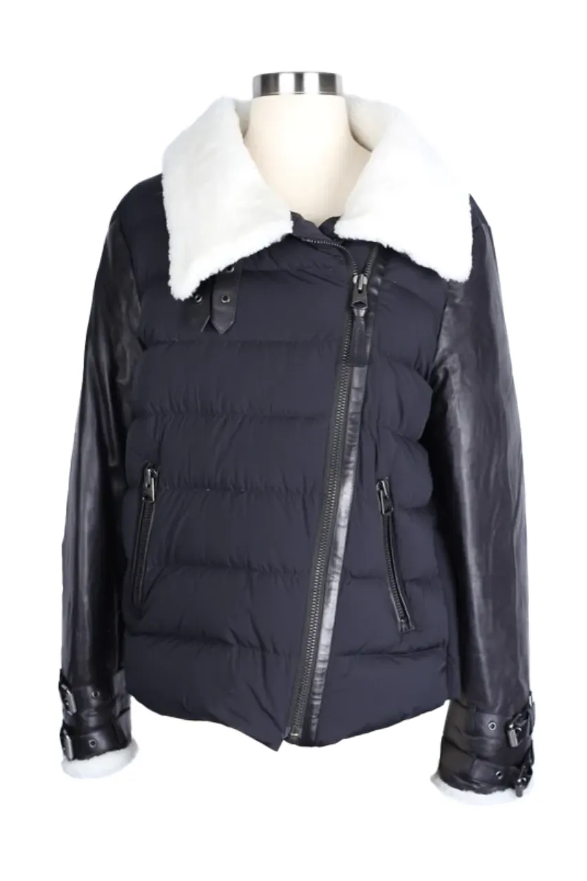 Leather Sleeve Shearling Collar Down Puffer Jacket