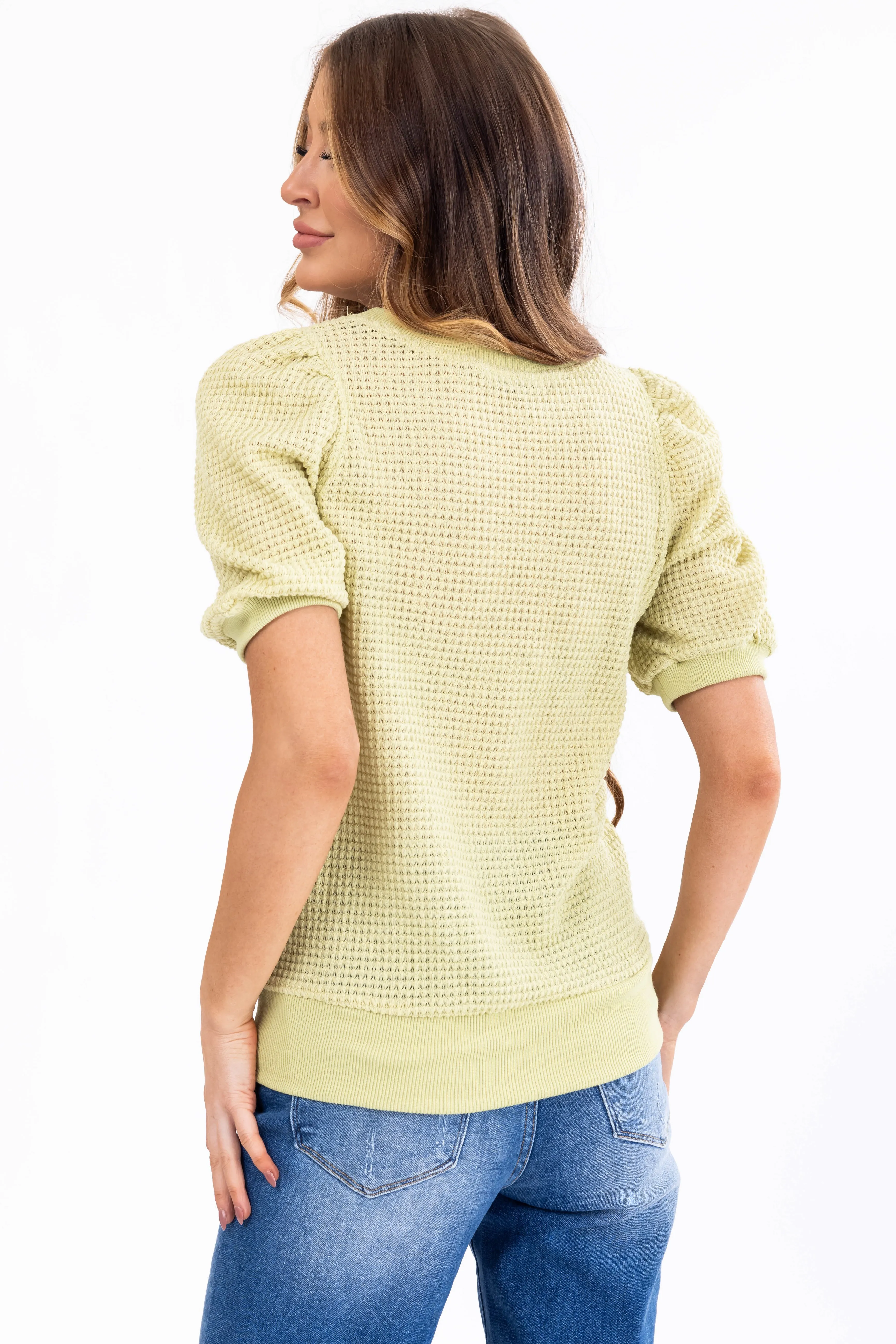 Light Lime Waffle Knit Puff Sleeve Top