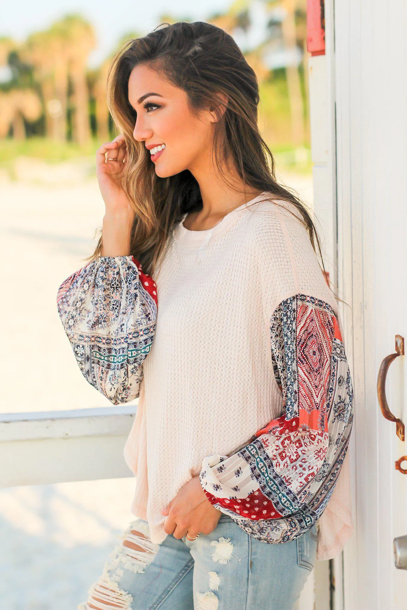 Light Peach Knit Top with Printed Sleeves