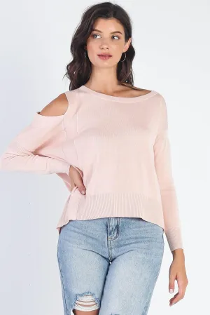 Light Pink Cold Shoulder Long Sleeve Knit Top /4-2-1