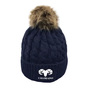 Limited Edition - Rocky Mountain Bighorn Sheep - Cable Knit Pom Pom Beanie - Dark Navy