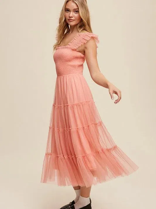 Living my Own Fairytale Smocked Mesh Ruffle Tiered Maxi Dress