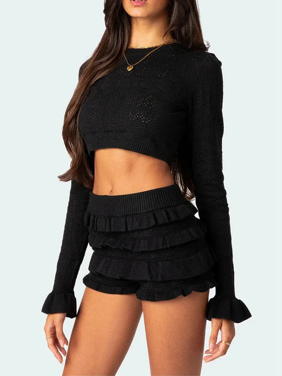 Long Sleeve Knit Top Graceful And Layered Ruffles Shorts Set