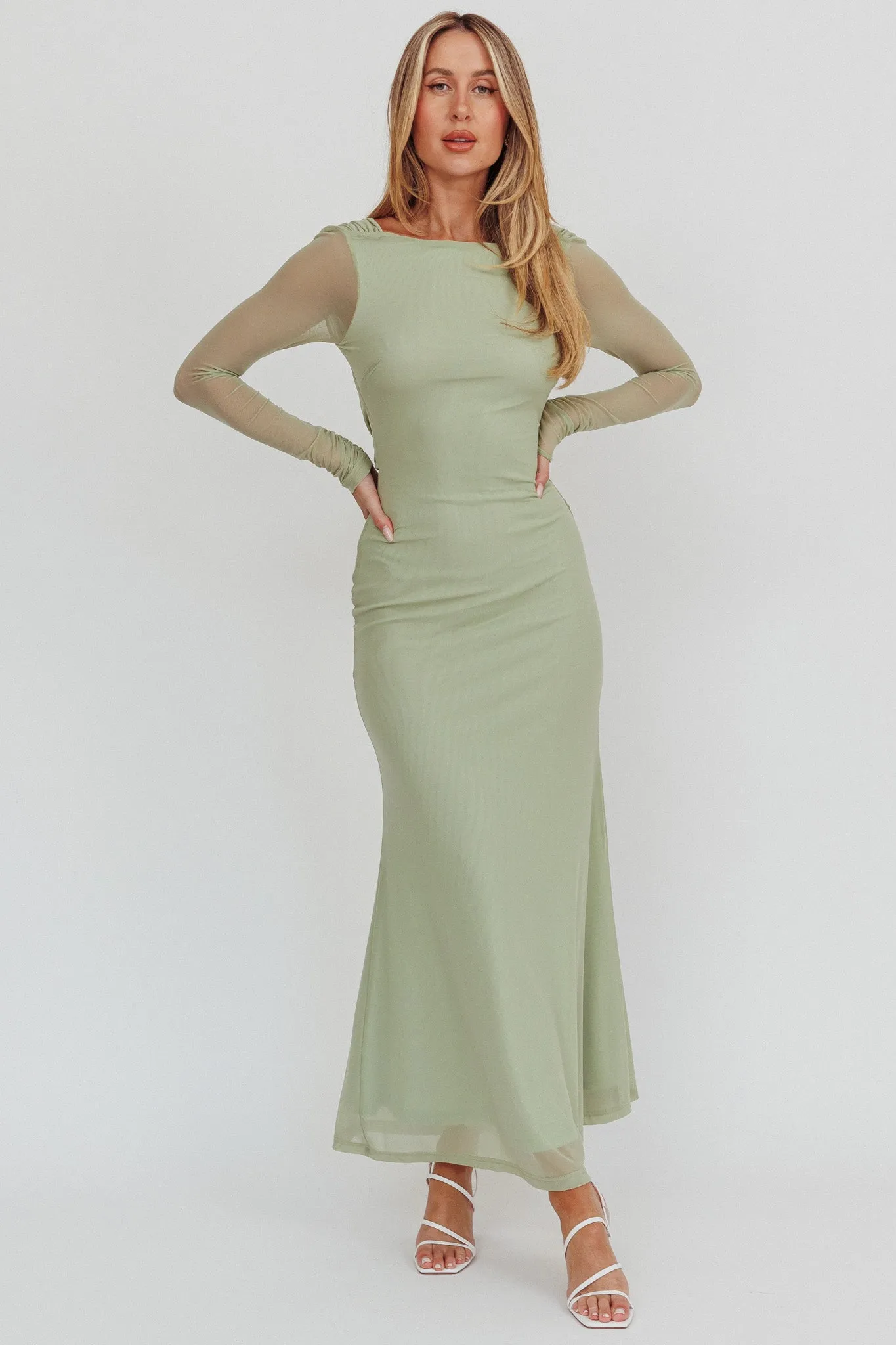 Lustre Open Back Mesh Maxi Dress Sage