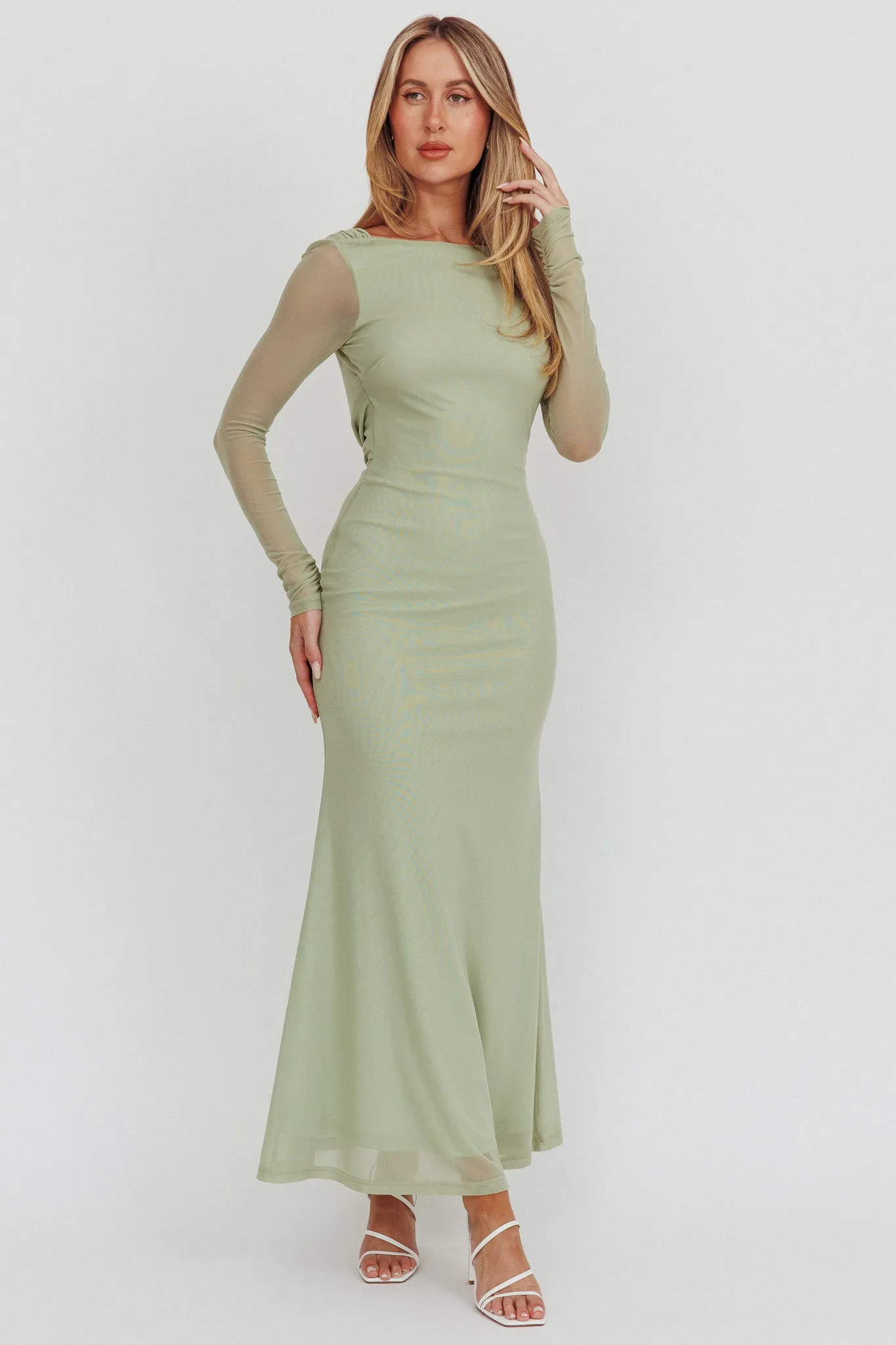 Lustre Open Back Mesh Maxi Dress Sage