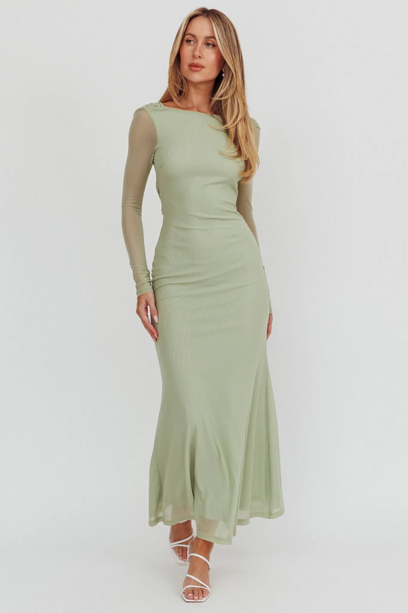 Lustre Open Back Mesh Maxi Dress Sage