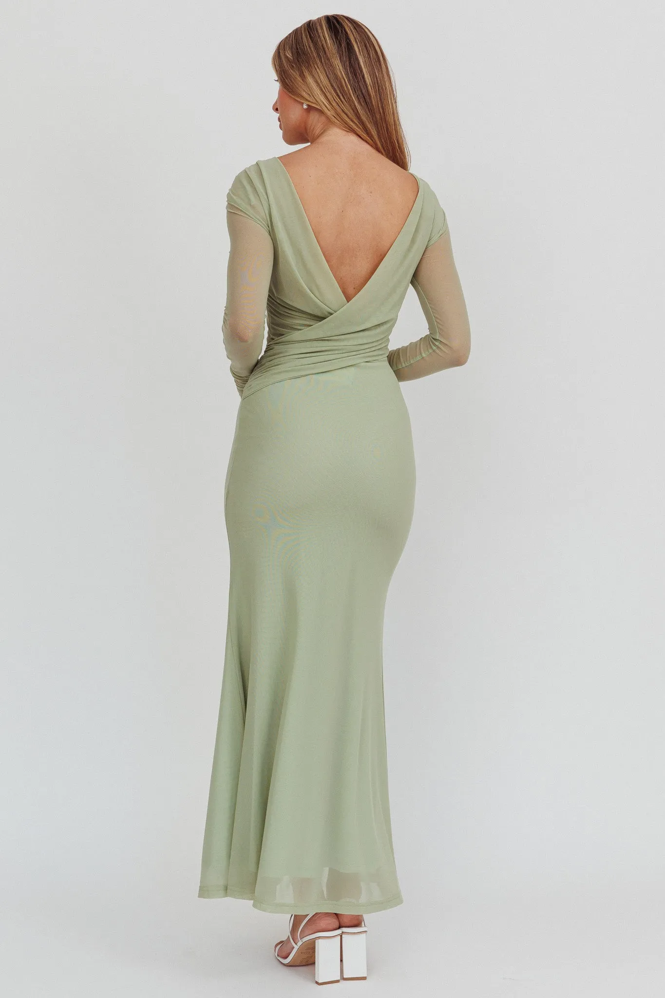 Lustre Open Back Mesh Maxi Dress Sage