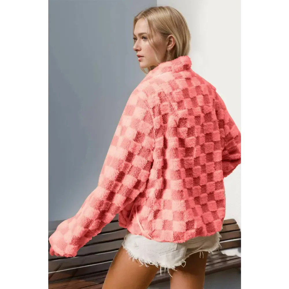 Luxurious Checkered Fuzzy Jacket Elevates Timeless Designer Clothing