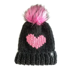 Luxury Big Heart Pom-Pom Beanie in Almost Black   Cotton Candy