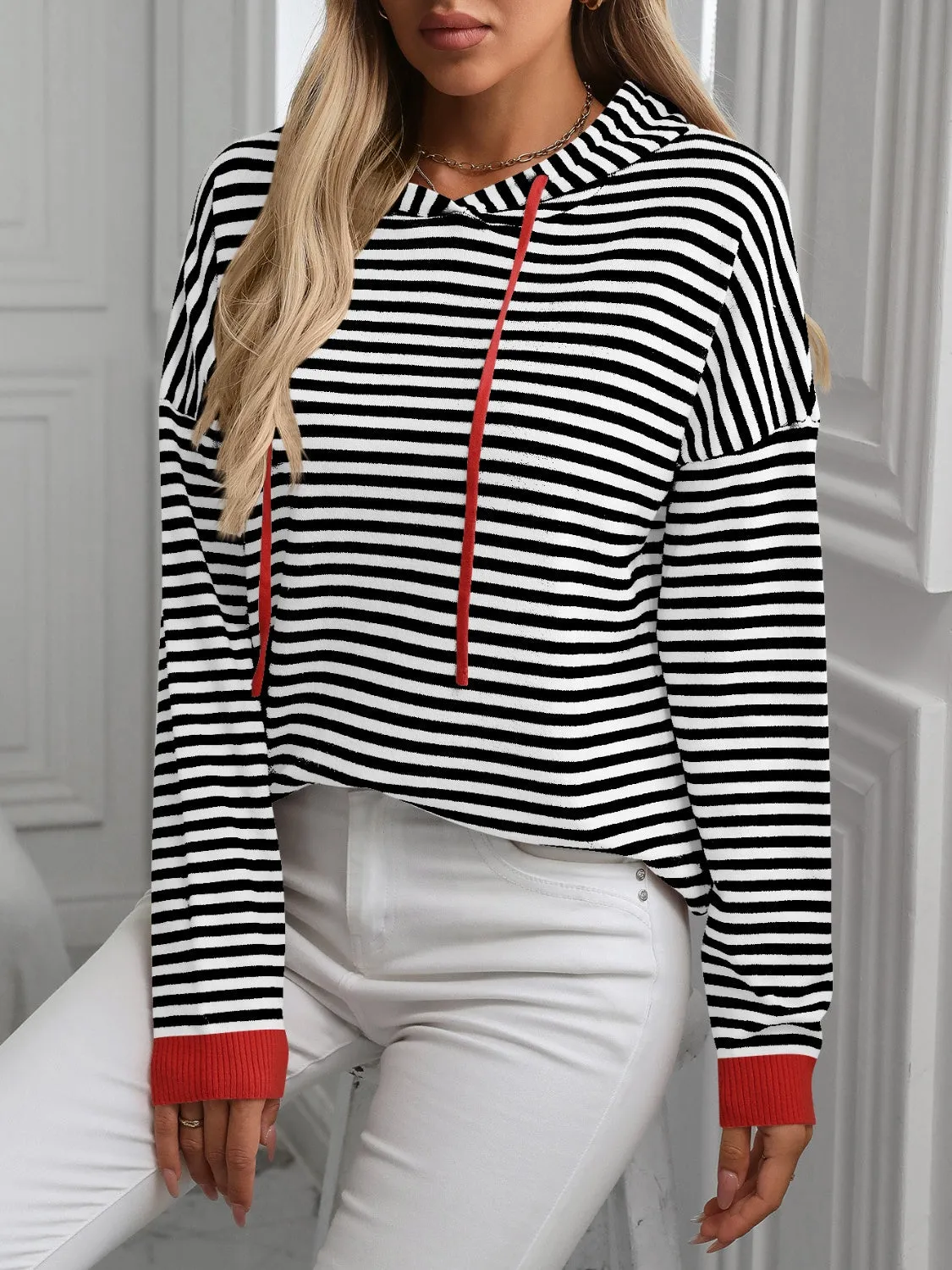 Mandy Striped Long Sleeve Hooded Knit Top