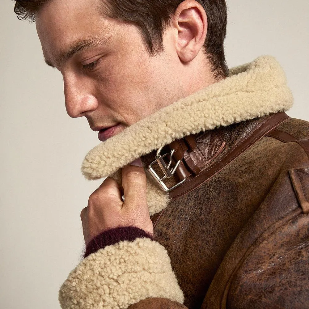 Men's Brown Distressed Leather Shearling Jacket