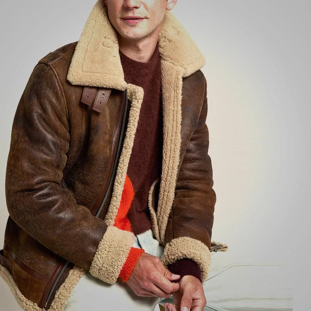 Men's Brown Distressed Leather Shearling Jacket