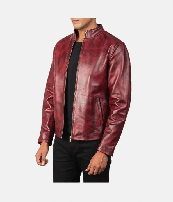 Men's Burgundy Distressed Biker Jacket