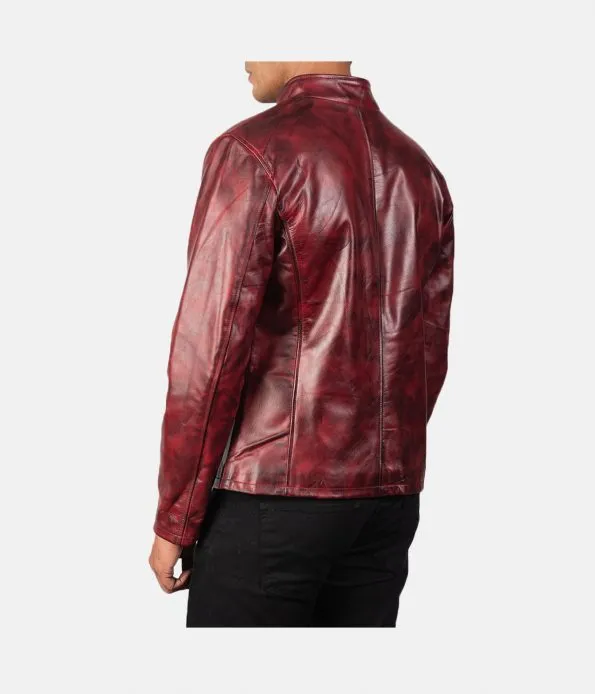 Men's Burgundy Distressed Biker Jacket