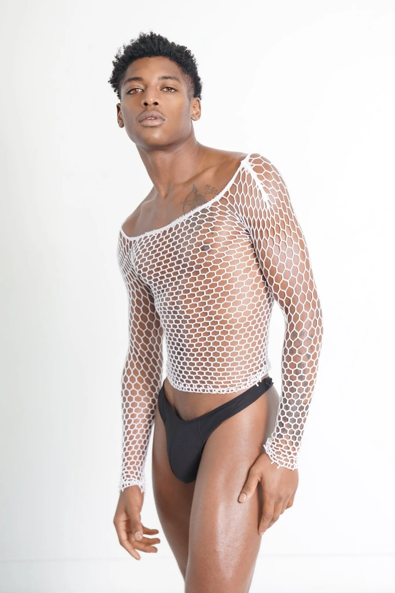 Men's White Mesh Fishnet Long Sleeve Body Sock See-through Shirt Top