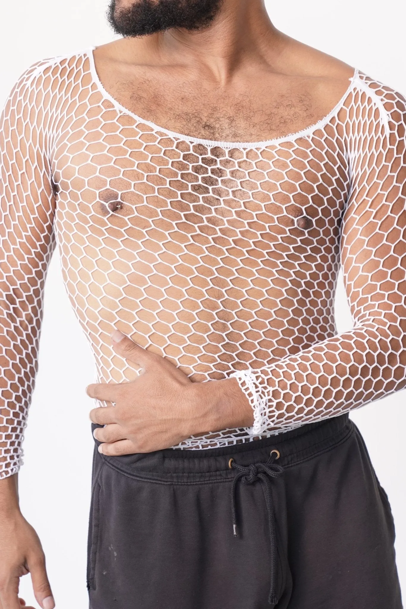 Men's White Mesh Fishnet Long Sleeve Body Sock See-through Shirt Top