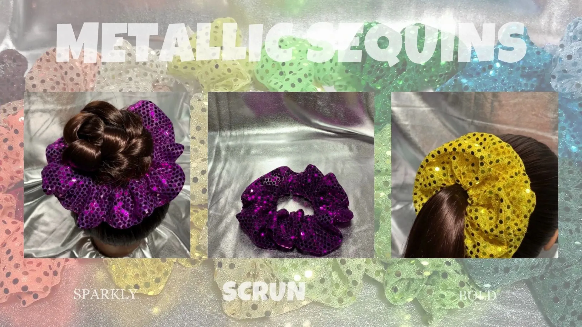 Metallic Sequin Scrunchies Available in 3 Sizes Neon Pink