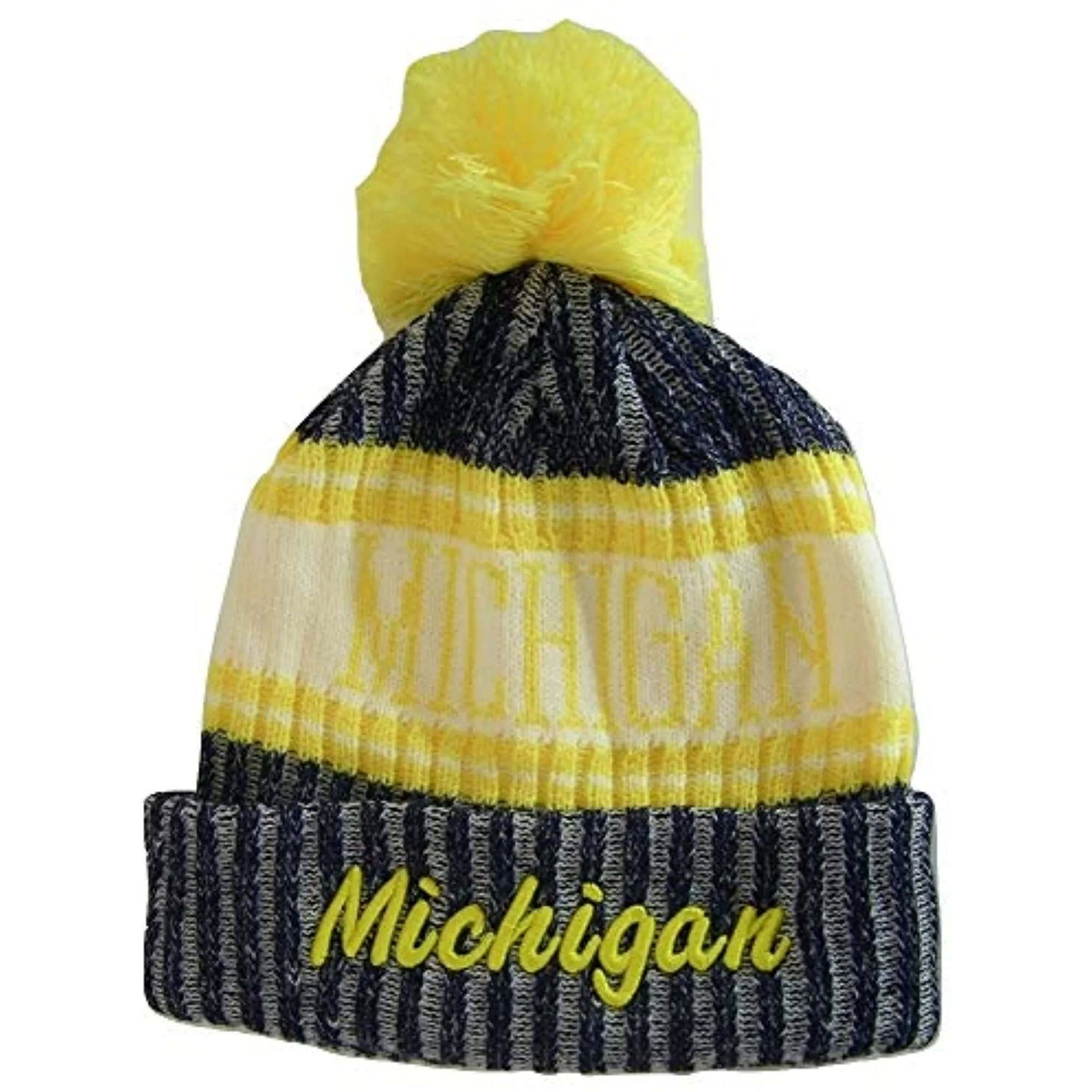 Michigan Plush Lined Embroidered Winter Knit Pom Beanie Hat (Navy/Gold Script)