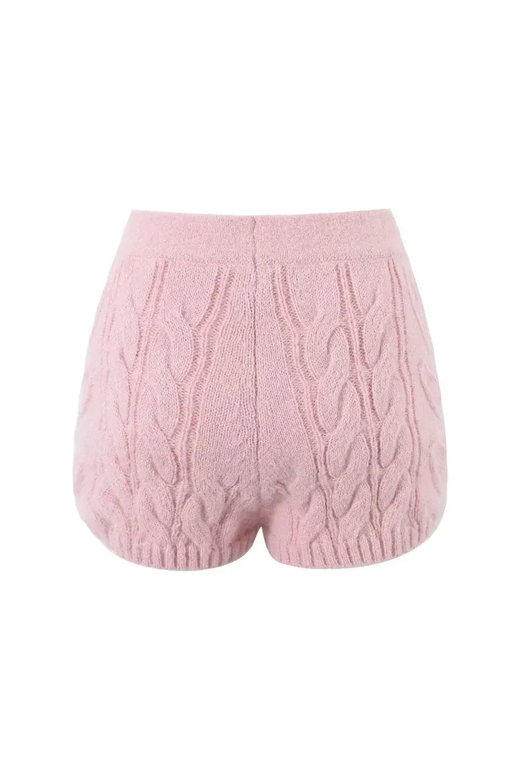 Minimalist Solid Color High Waist Ribbed Trim Cable Knit Shorts