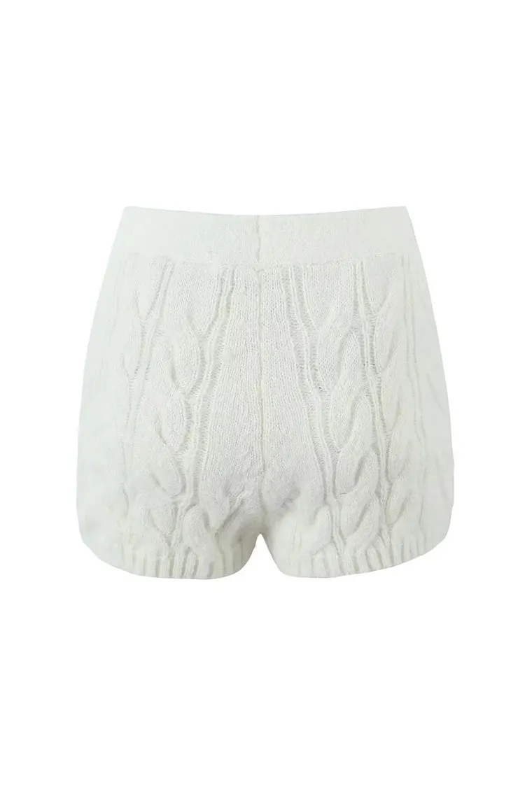 Minimalist Solid Color High Waist Ribbed Trim Cable Knit Shorts