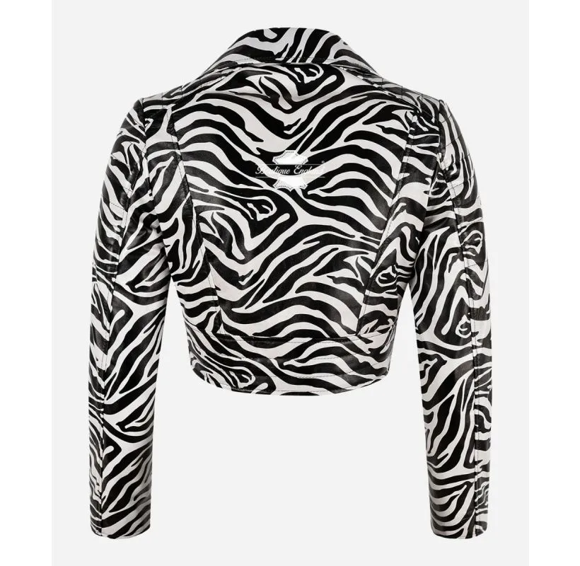 MISSY Cropped Leather Biker Jacket For Women Zebra Print