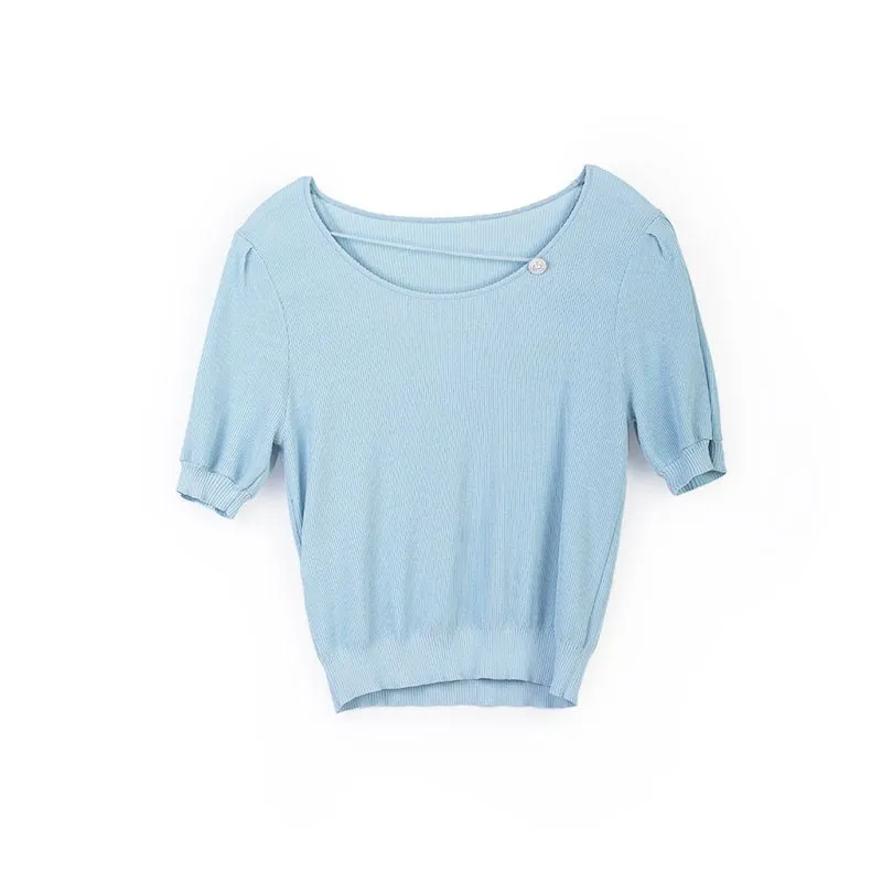 Mist Blue Crop T-shirt Pearl Button