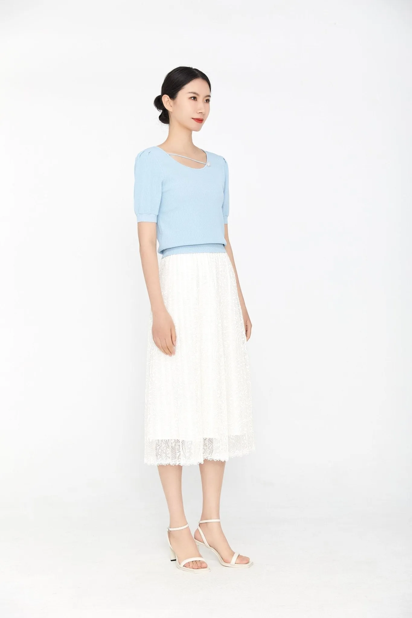 Mist Blue Crop T-shirt Pearl Button