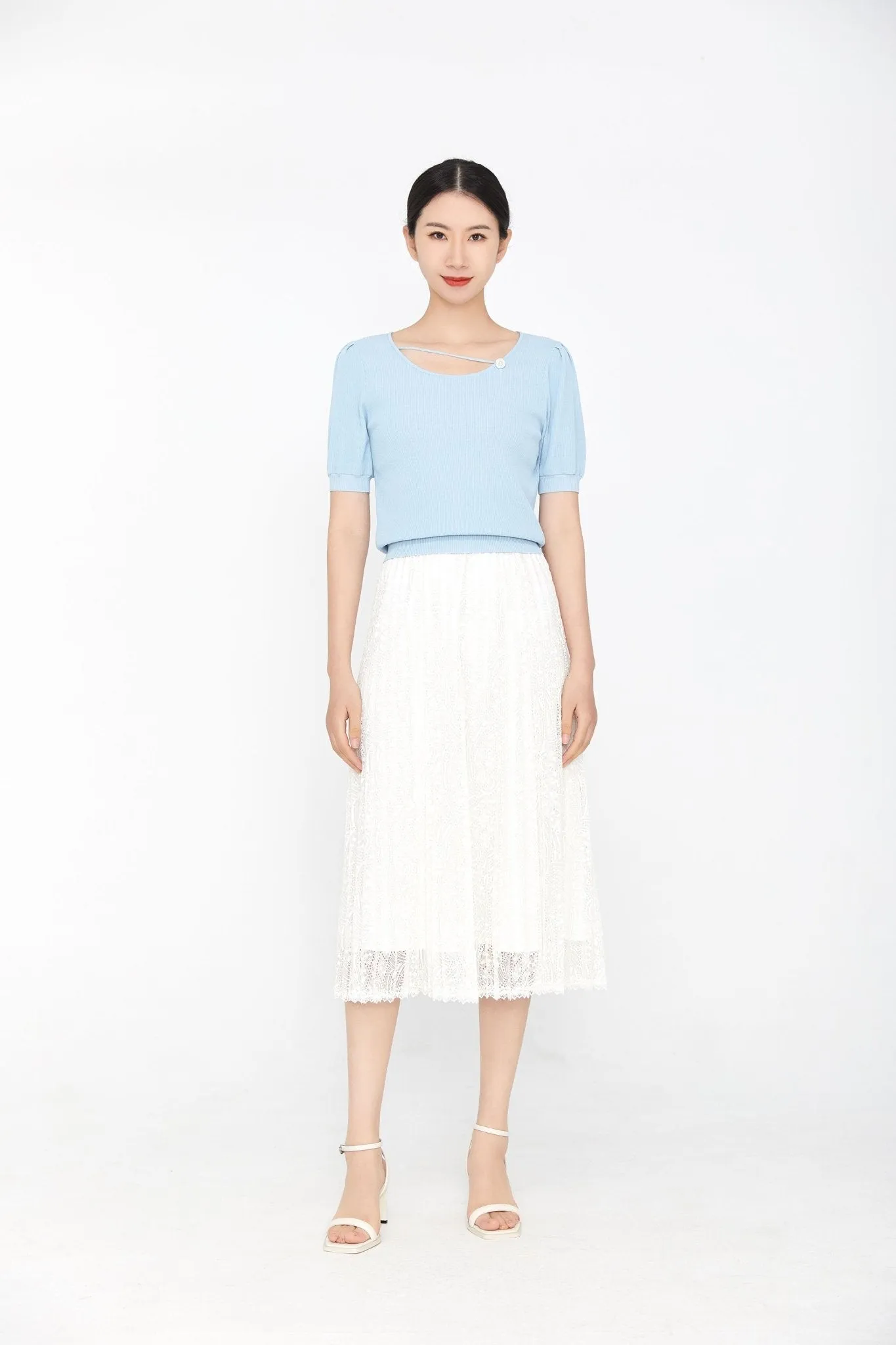 Mist Blue Crop T-shirt Pearl Button