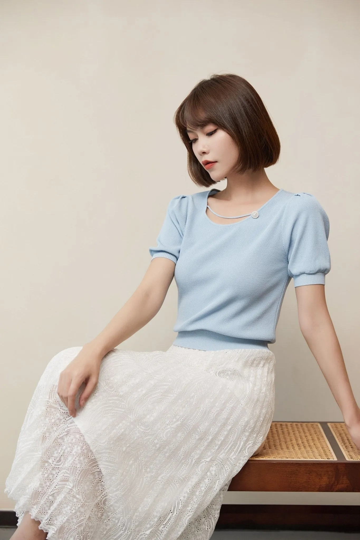 Mist Blue Crop T-shirt Pearl Button