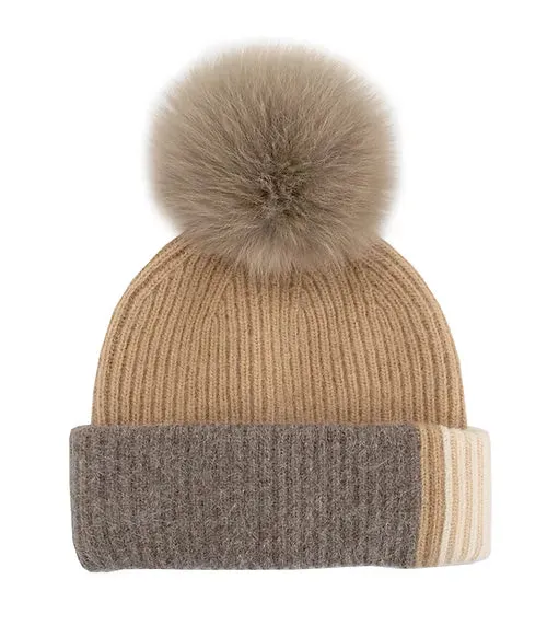 Mitchie's Matchings | Knit Colorblock 3-Tone Beanie & Fox Fur Pompom | Women's