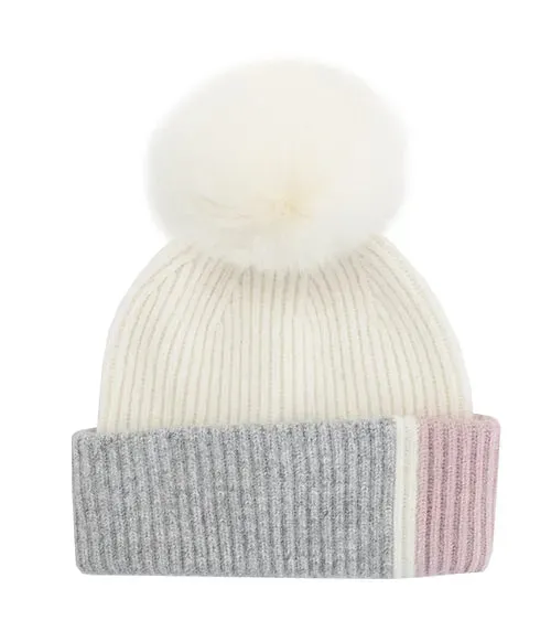 Mitchie's Matchings | Knit Colorblock 3-Tone Beanie & Fox Fur Pompom | Women's