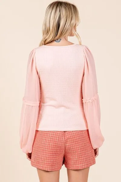 Mittoshop Mixed Media Textured Knit Chiffon Long Sleeve Top