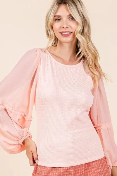 Mittoshop Mixed Media Textured Knit Chiffon Long Sleeve Top