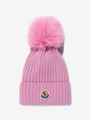 Moncler Enfant Girls Logo Pom Pom Hat in Pink