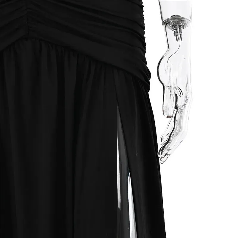 Mozision Halter Deep V Neck Backless Maxi Dress For Women Fashion Solid Sleeveless Thigh High Split Sexy Long Dress Elegant