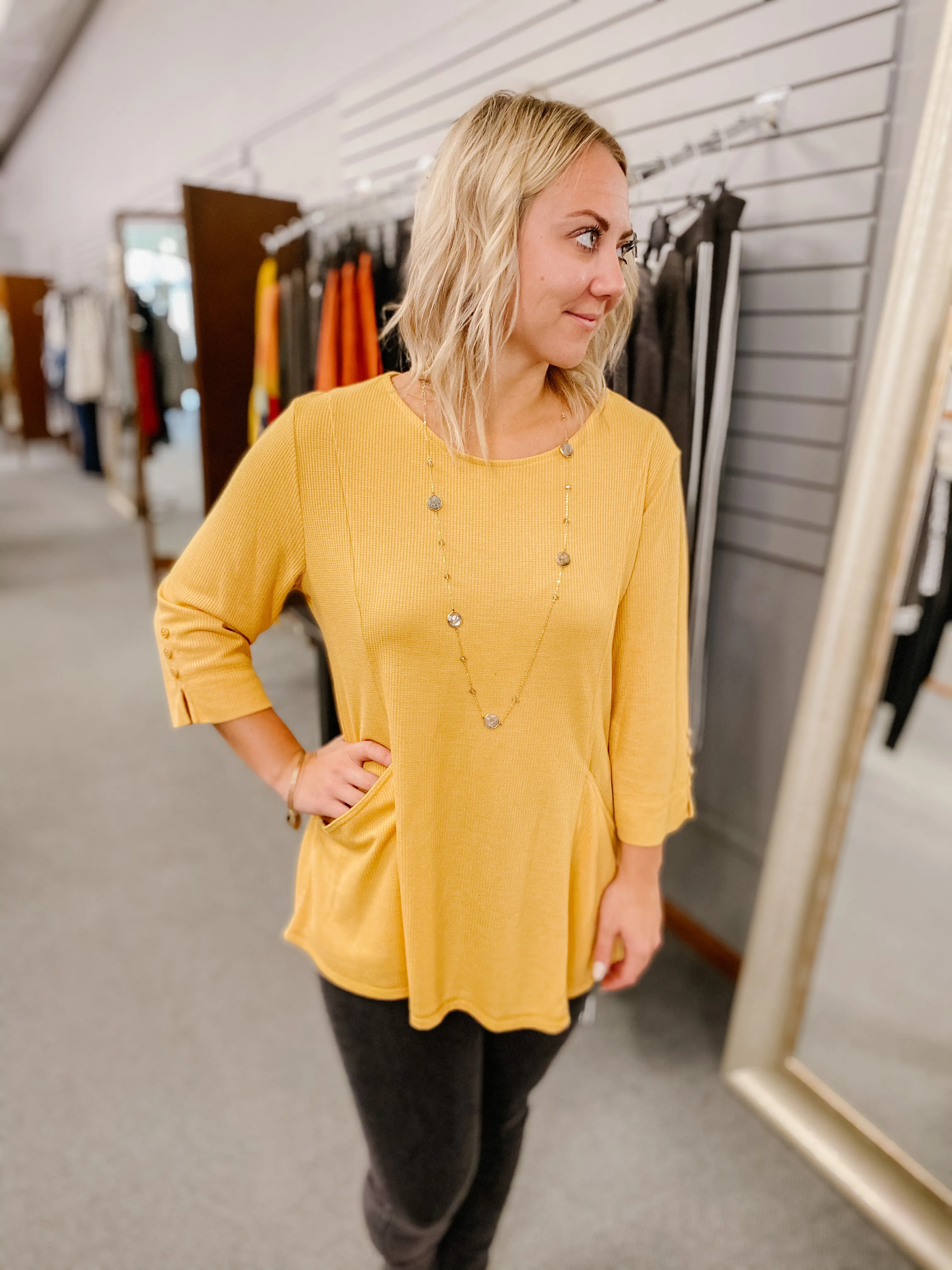 Mustard 3/4 Sleeve Waffle Knit Top