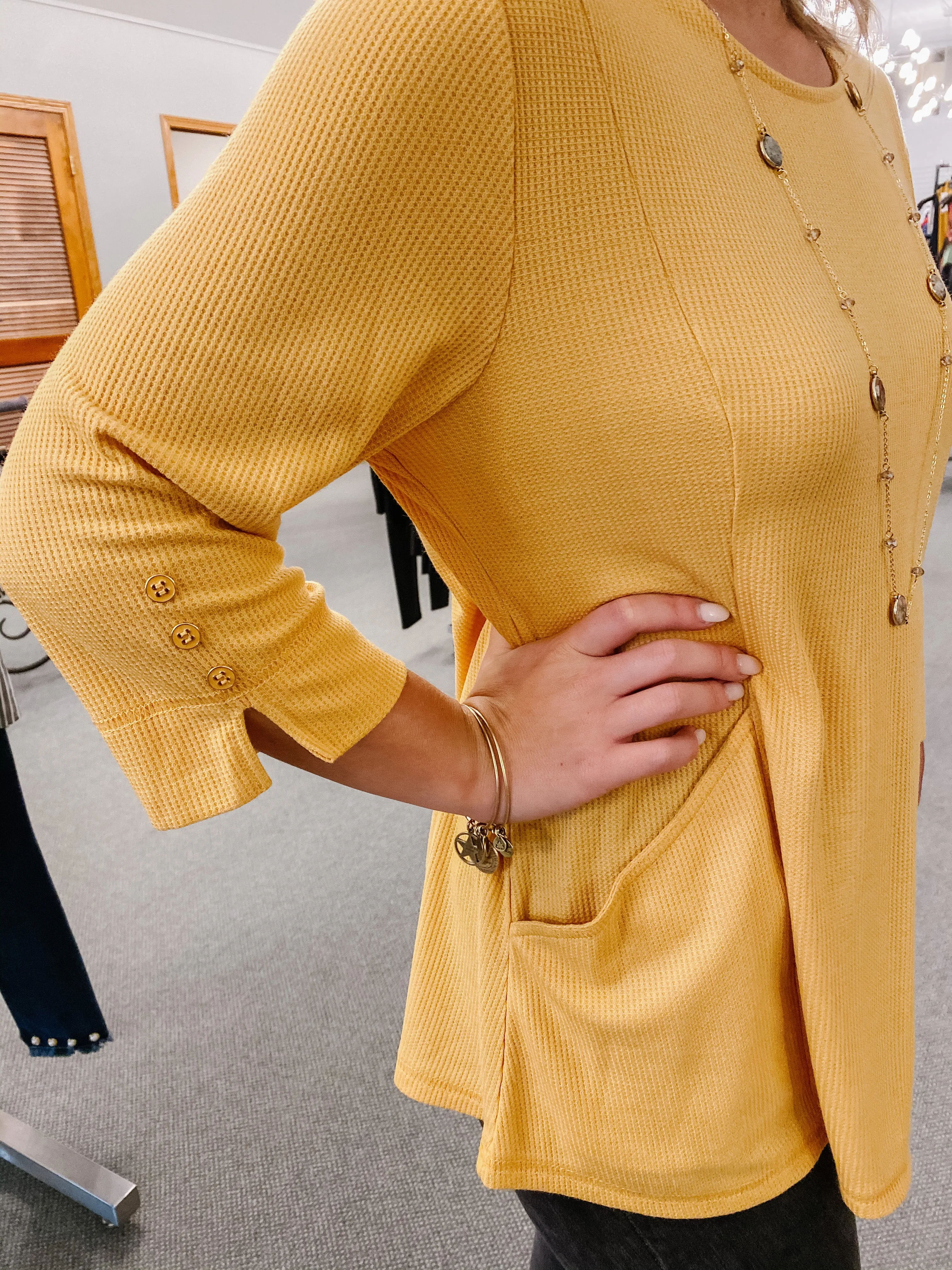 Mustard 3/4 Sleeve Waffle Knit Top