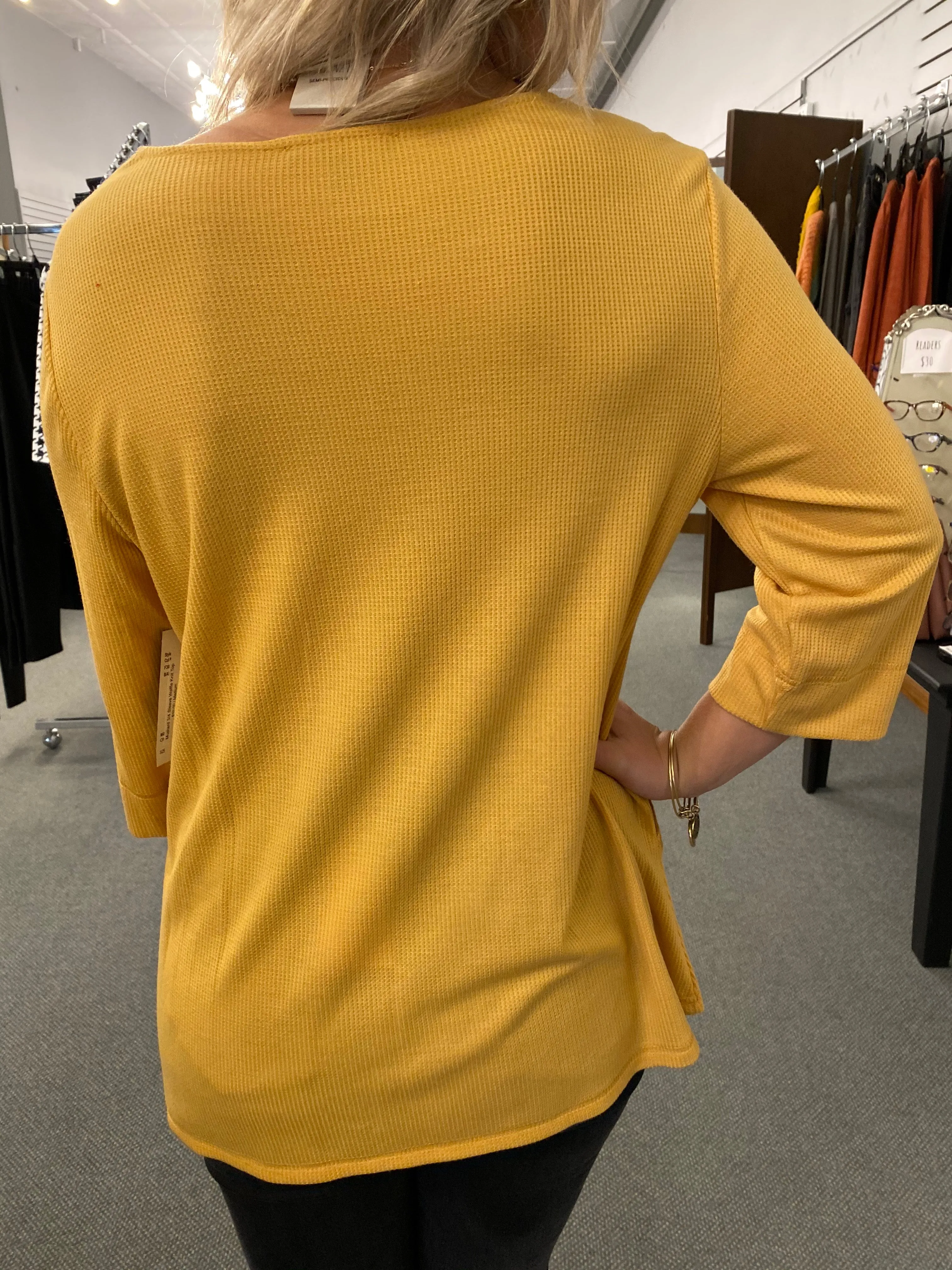 Mustard 3/4 Sleeve Waffle Knit Top