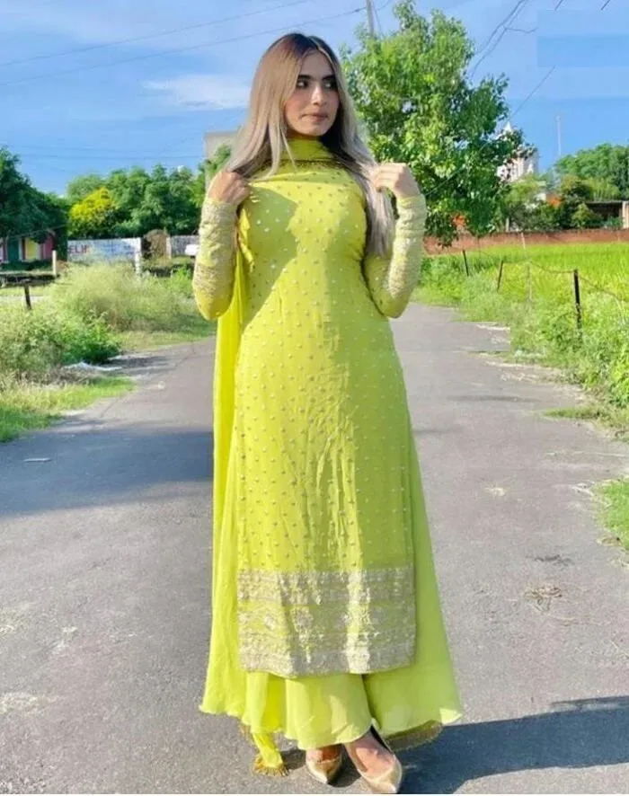 Neon Green Georgette Silk Zari Embroidery Work Sharara Suit