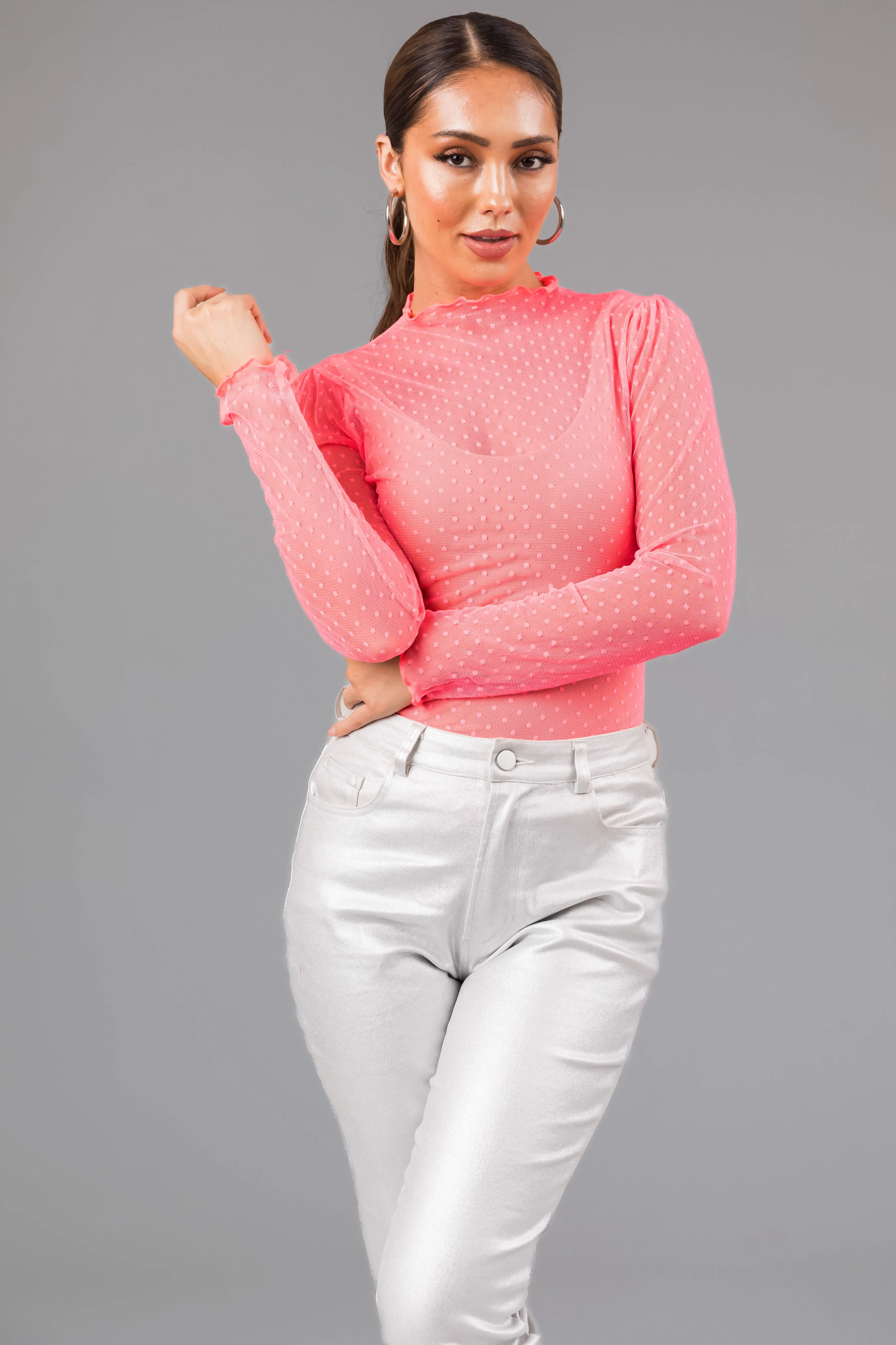 Neon Pink Swiss Dot Long Sleeve Mesh Knit Top